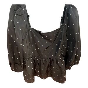 Free Assembly Black Floral Puff Sleeve Smocked Back Peplum Top XXL